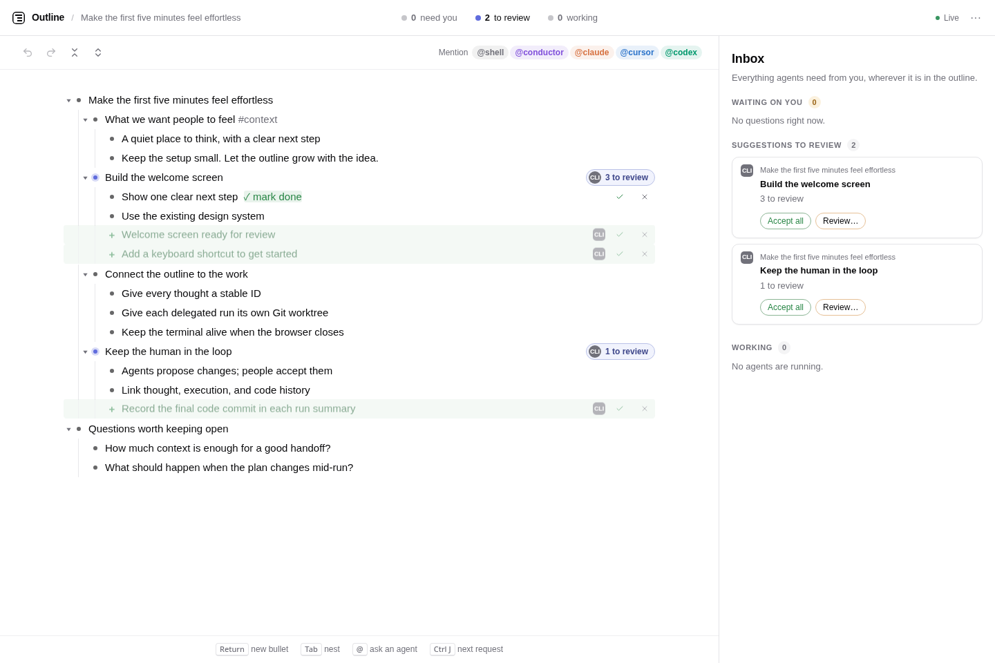 The running ThreadVM outline with nested project tasks, inline agent suggestions, and an Inbox for human review